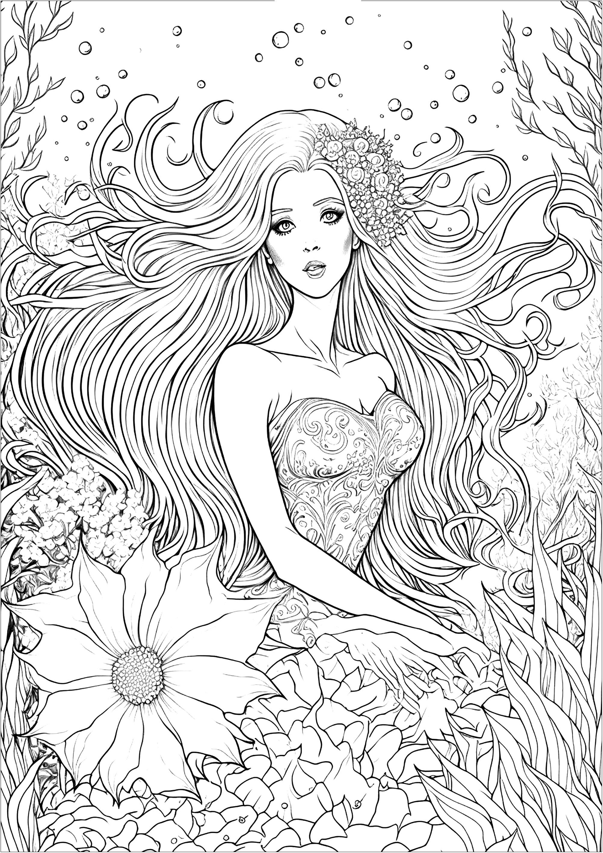 32 Elegant Mermaid Coloring Pages Adult Printable 11