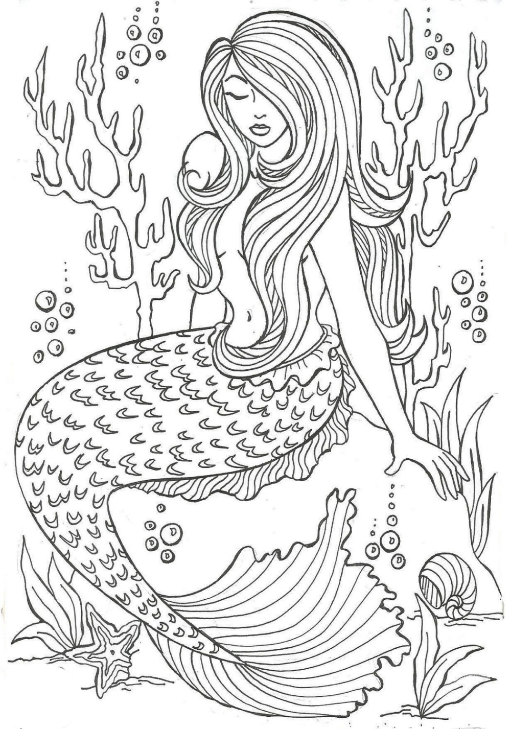 36 Detailed Mermaid Coloring Pages for Adults Printable 3