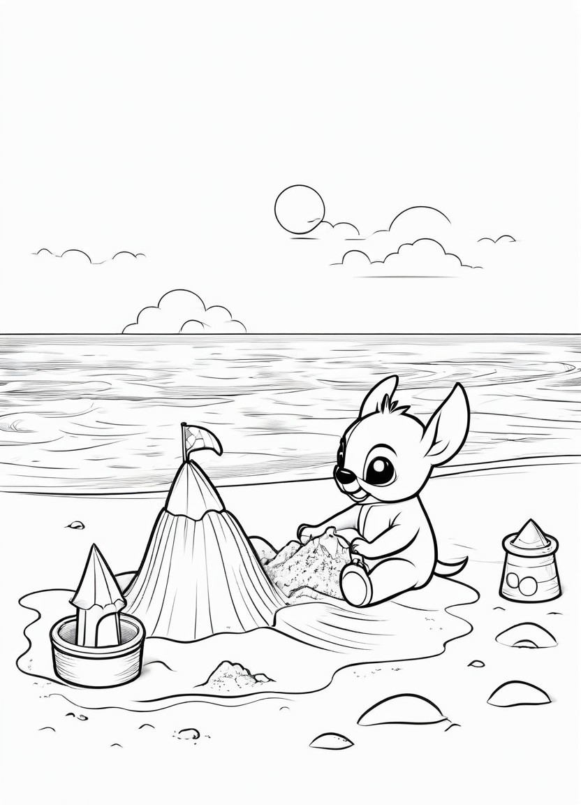 Stitch Building a Sandcastle Coloring Pages