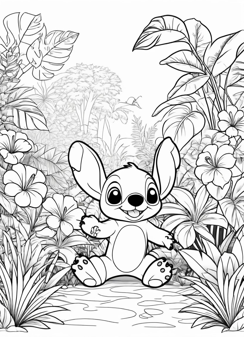 Stitch at the Island Coloring Pages