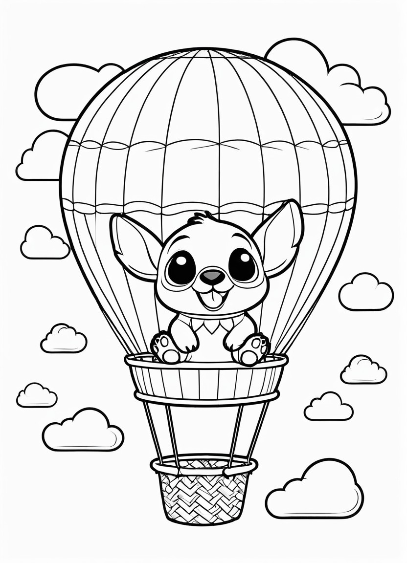 Stitch in a Hot Air Balloon Coloring Pages