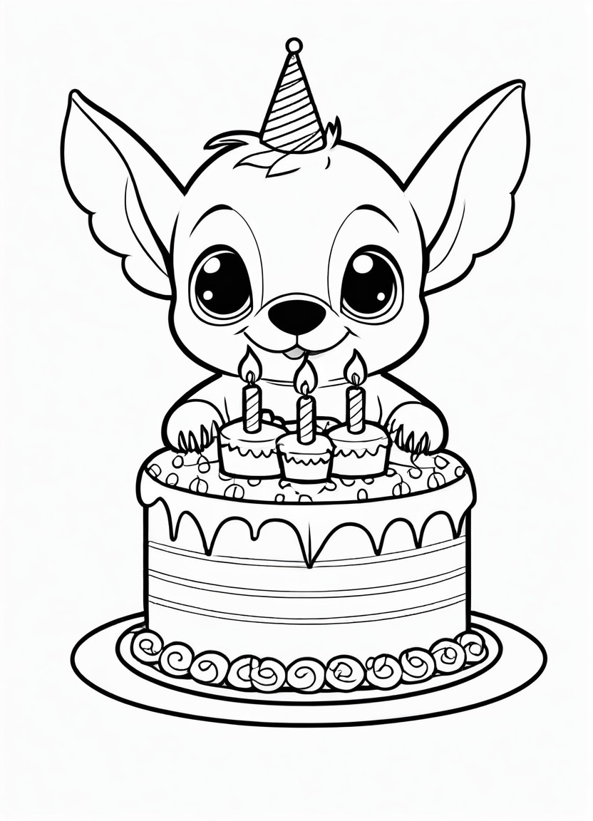 Stitch with a Birthday Cake Coloring Pages