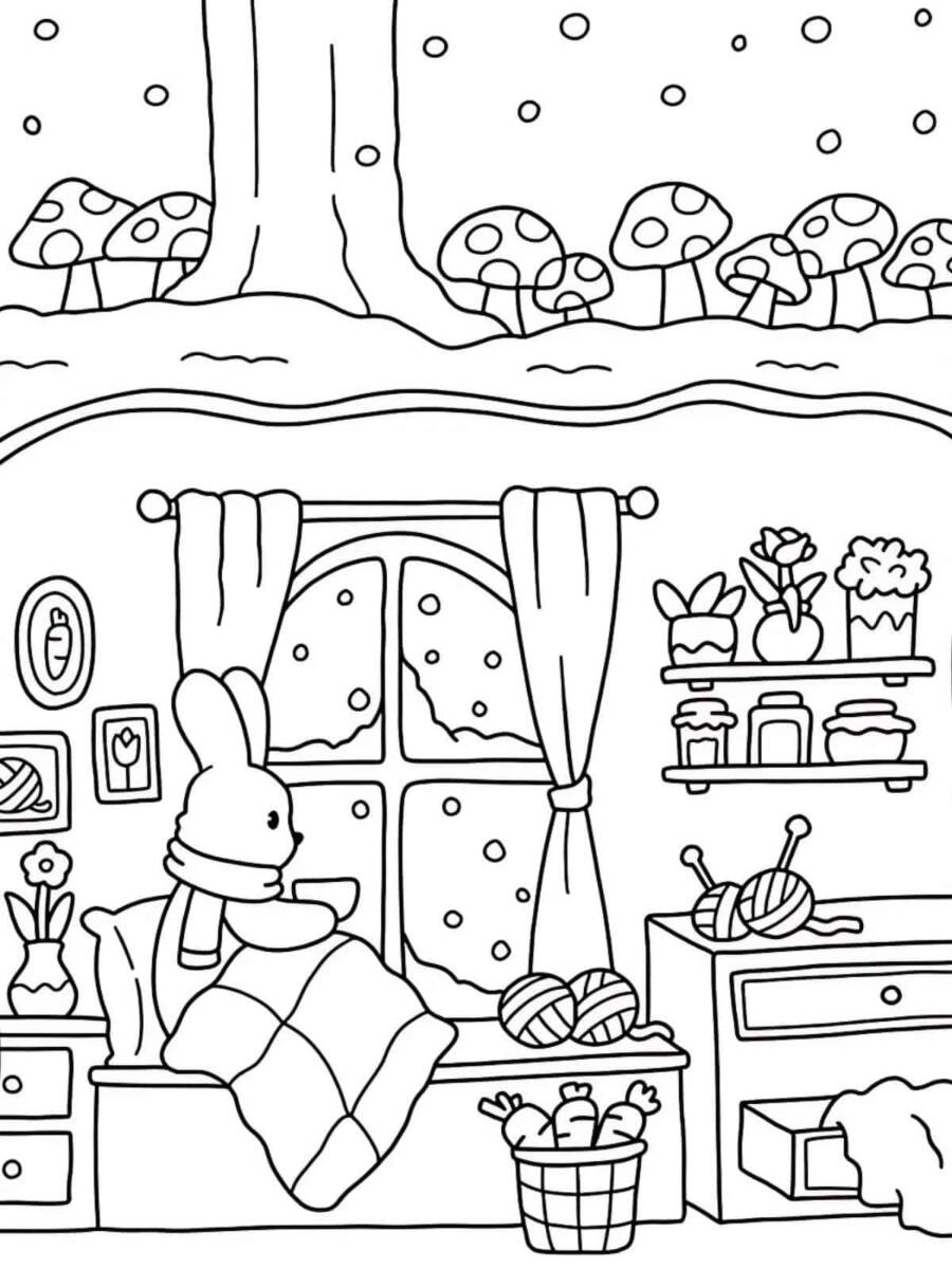 Cozy Rabbit Home Coloring Pages